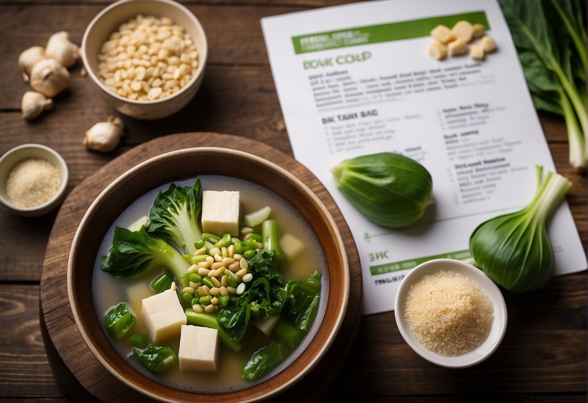 A steaming bowl of Chinese bok choy soup sits on a rustic wooden table, surrounded by fresh ingredients like bok choy, ginger, and tofu. A printed recipe for the soup is placed next to the bowl, showcasing its nutritional information