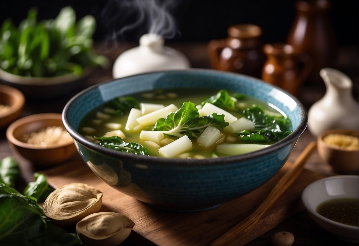 A steaming bowl of Chinese bok choy soup surrounded by fresh ingredients and a recipe book open to frequently asked questions
