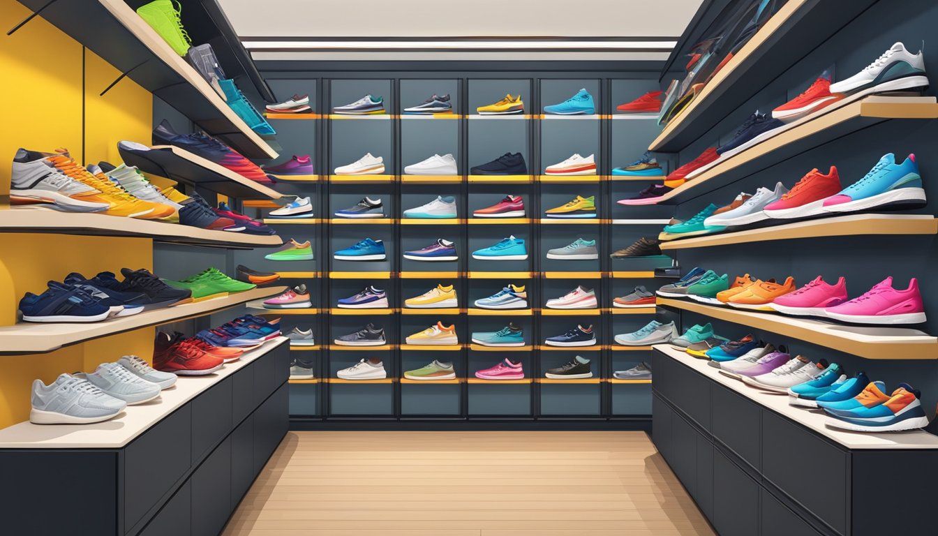 Vibrant display of sneakers in various styles and colors at top sneaker shops in Singapore. Shelves neatly organized, with bold signage and modern decor