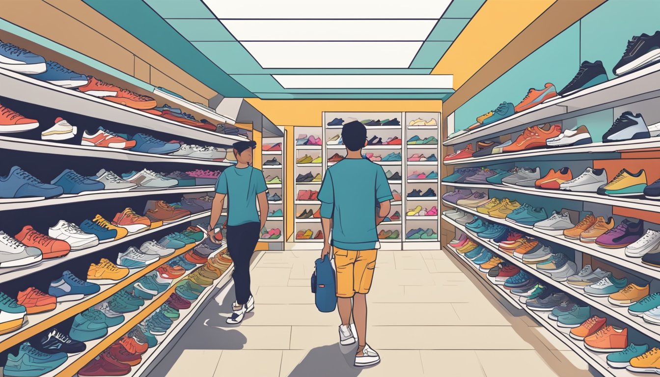A bustling sneaker store in Singapore with shelves lined with various brands and styles, customers browsing and trying on shoes, and a helpful salesperson assisting a customer
