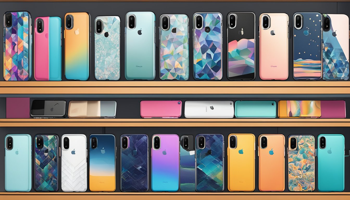 A colorful array of Spigen phone cases arranged neatly on a display shelf, showcasing various designs and styles