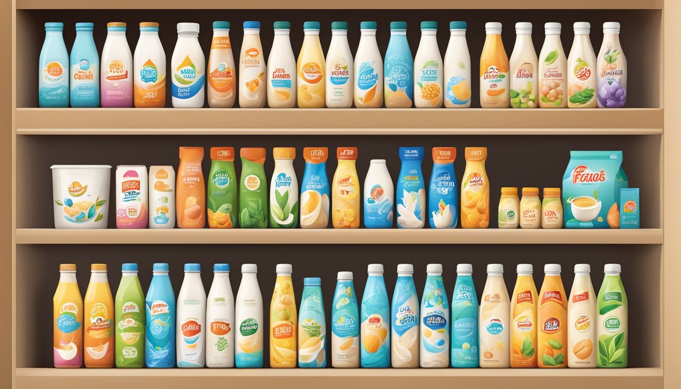 Various soy milk brands arranged on a shelf with colorful packaging and prominent logos