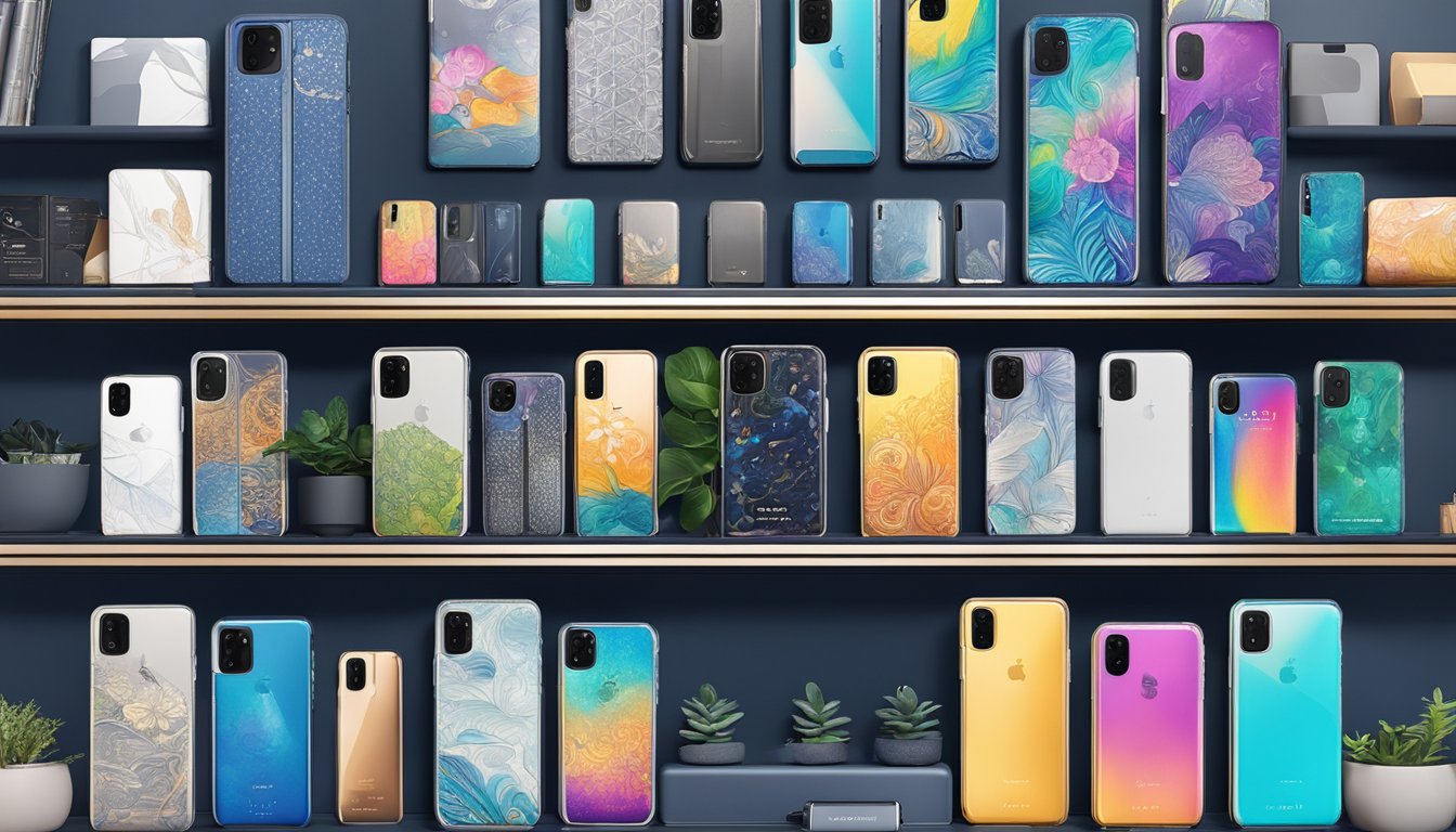 Various Spigen phone cases displayed on shelves, with logos and designs visible. Bright lighting highlights the sleek and durable features of the products