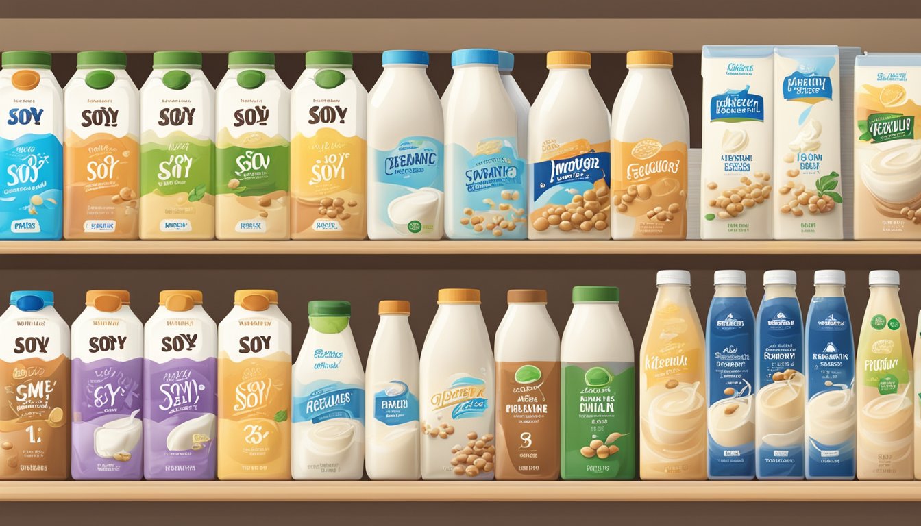 Various soy milk brands displayed on shelves, with different flavors and packaging. Labels highlight organic, non-GMO, and lactose-free options