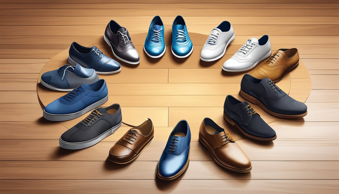 Seven brand shoes arranged in a circular pattern on a polished wooden floor. Each shoe is unique in style and color, creating an eye-catching display