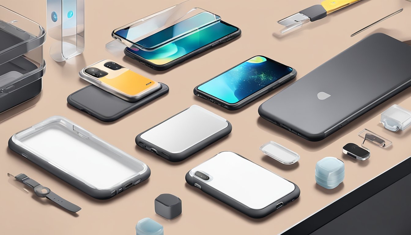 A hand places a Spigen phone case on a table next to a collection of various accessories like screen protectors, pop sockets, and phone stands
