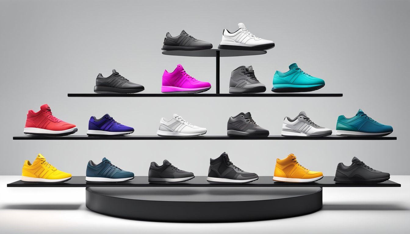Seven brand shoes arranged in a circle on a sleek, modern display stand. Bright lights highlight each pair, showcasing their latest designs