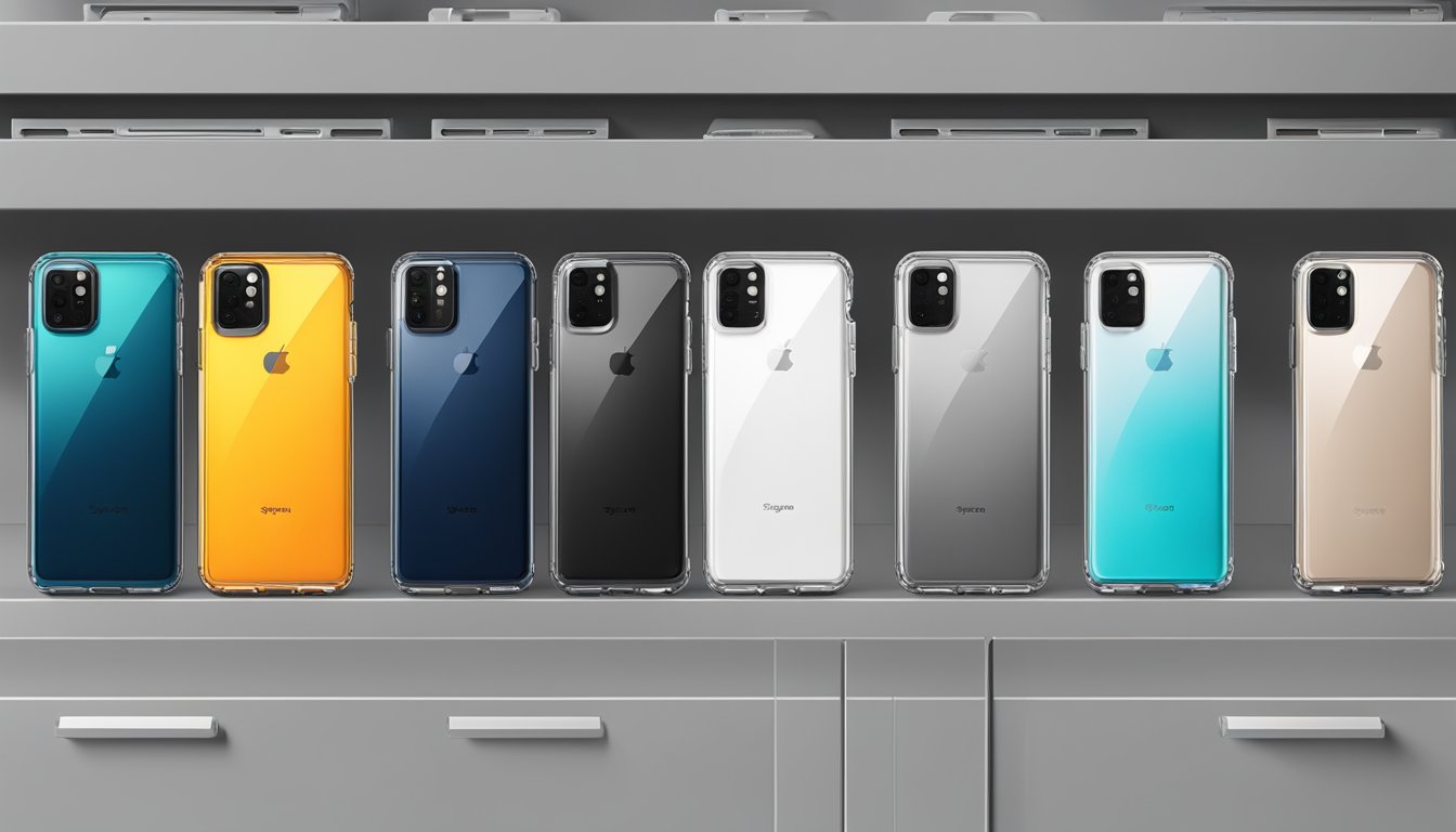 A variety of Spigen phone cases arranged neatly on a display shelf, with clear branding and labels for easy identification