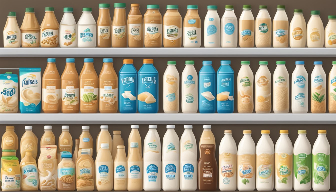 Various soy milk brands arranged on a shelf with labels facing forward. A sign above reads "Frequently Asked Questions soy milk brands."
