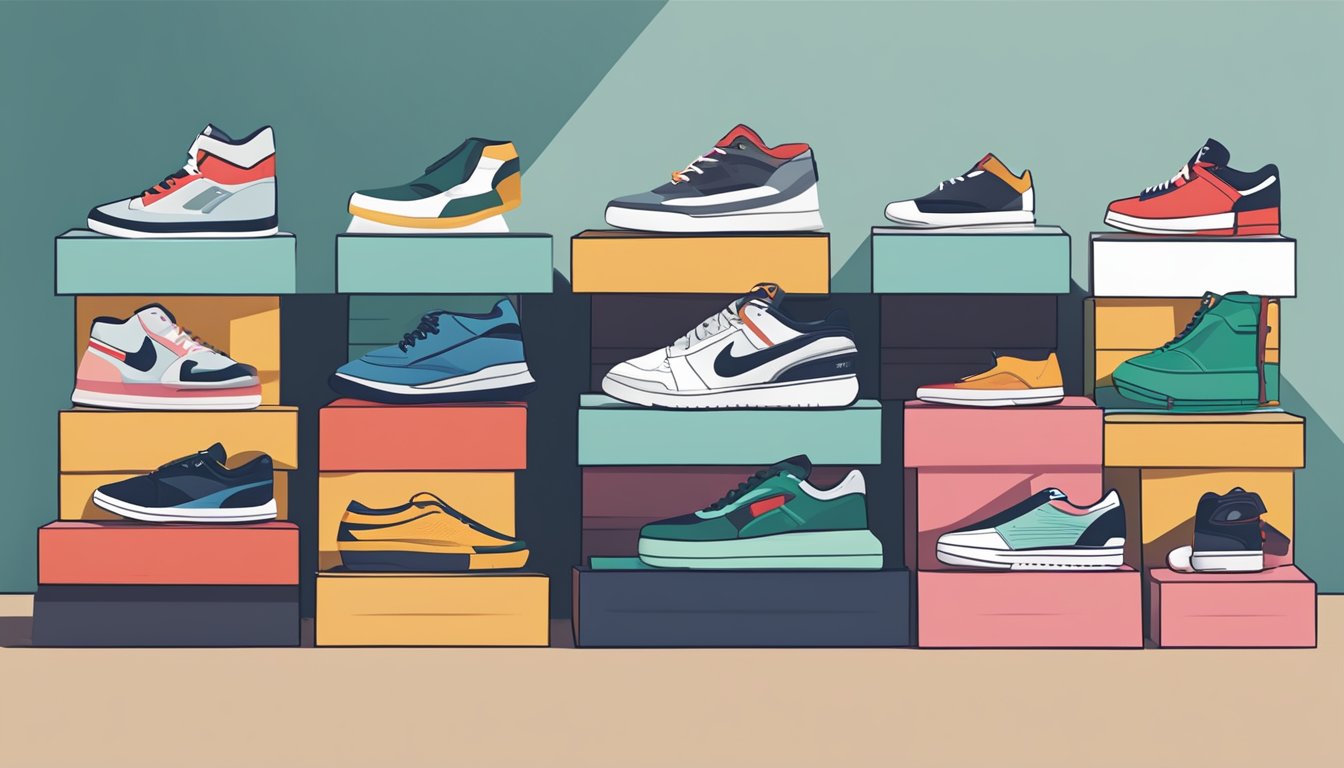 A stack of shoeboxes labeled "Frequently Asked Questions" with seven different brand shoes on display