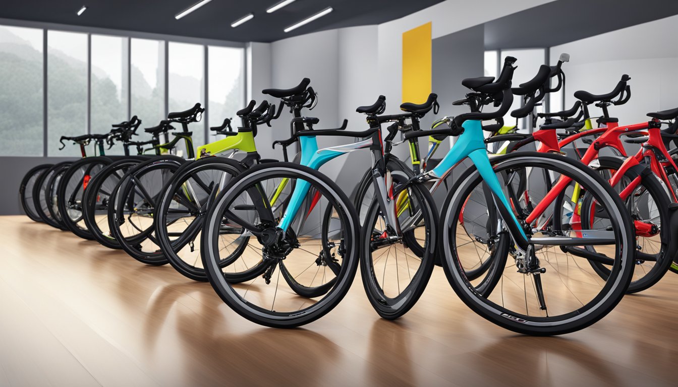 A row of sleek, specialized brand bikes lined up in a modern bike shop showroom