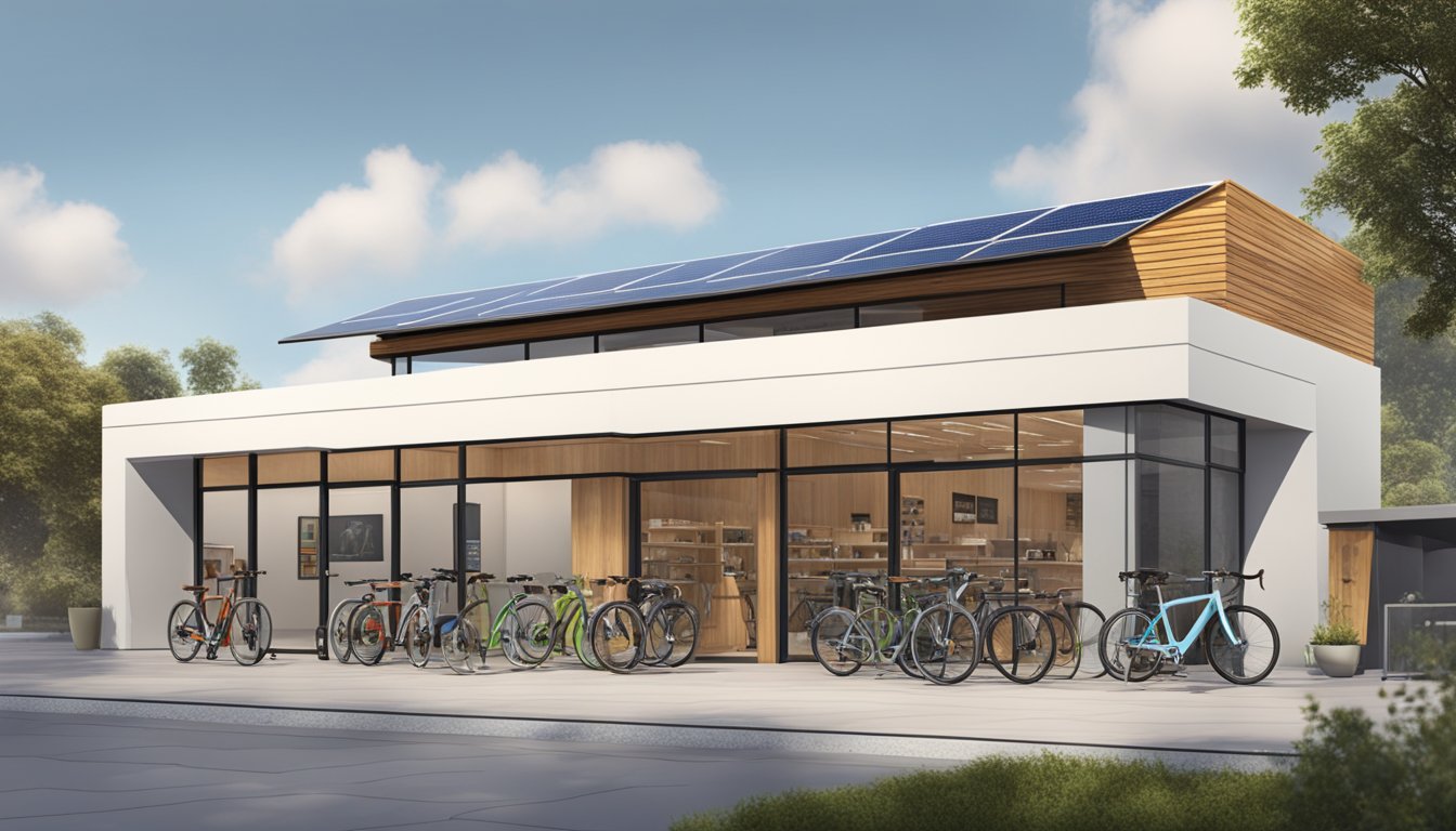 A sleek, modern bike shop displaying cutting-edge technology and eco-friendly design. Solar panels line the roof, and a rainwater collection system is visible. The bikes are made from sustainable materials and feature innovative, energy-efficient components