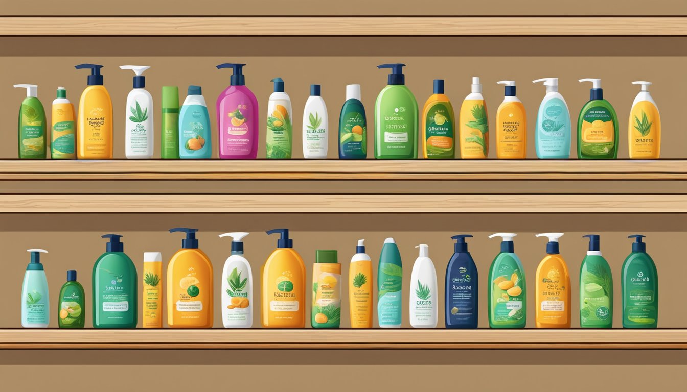 Various shampoo bottles with palm oil ingredients displayed on a store shelf