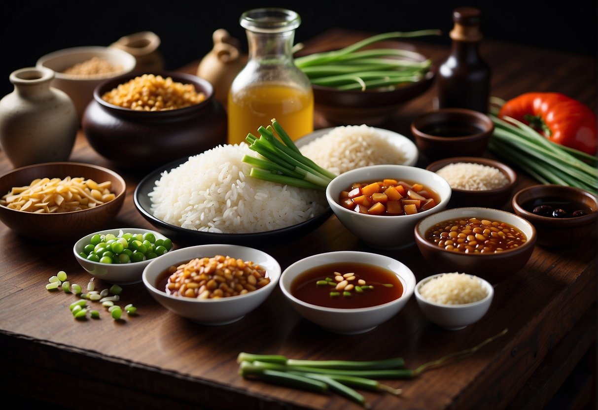 A table with various Chinese cooking ingredients: soy sauce, ginger, garlic, green onions, rice vinegar, sesame oil, and chili paste