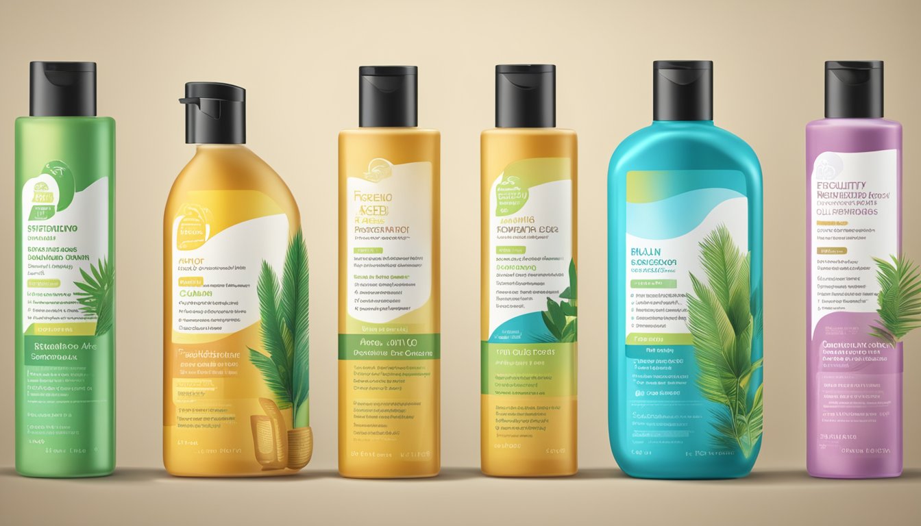 Various shampoo bottles with "Frequently Asked Questions" labels. Ingredients list includes palm oil