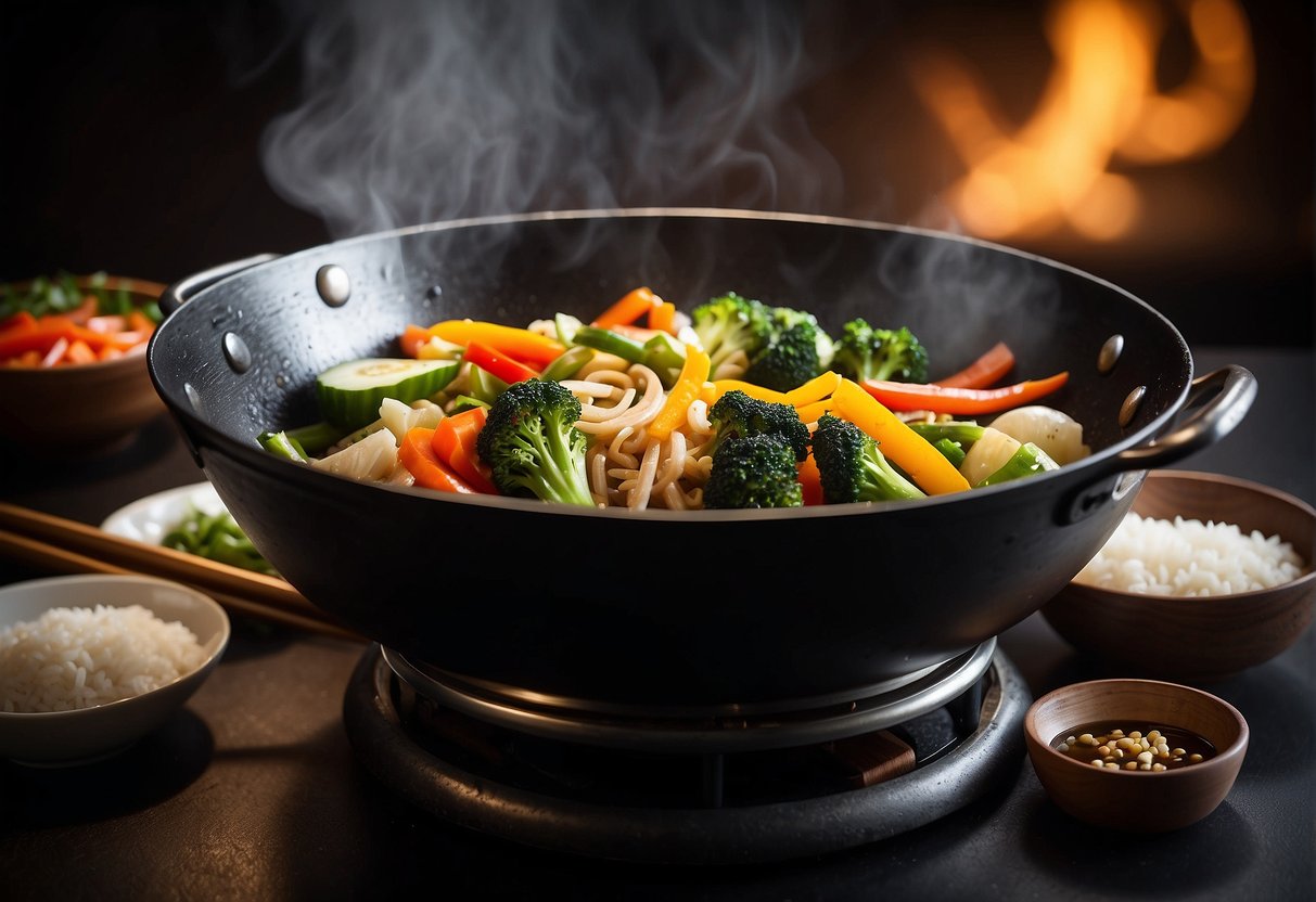 A wok sizzling with stir-fried vegetables, a pot of steaming rice, and a table set with chopsticks and soy sauce