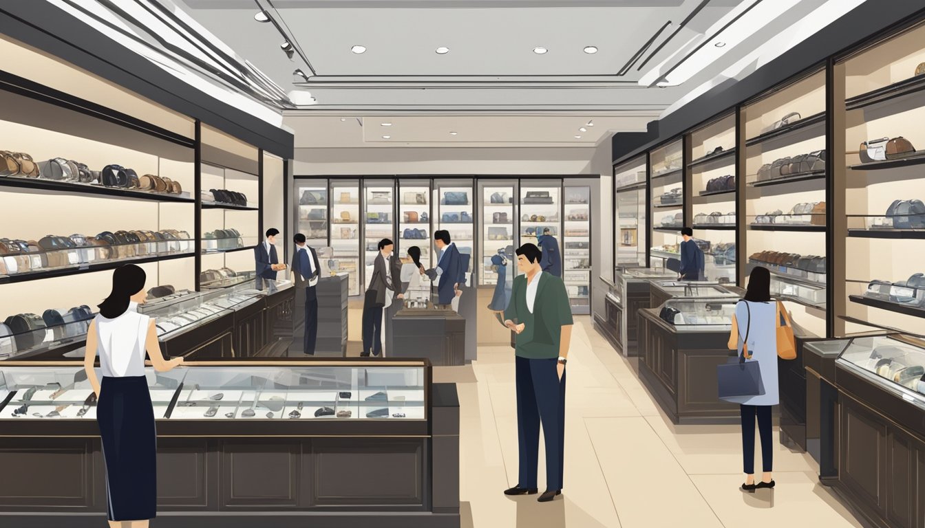 A bustling watch store in Singapore, with shelves lined with luxury timepieces. Customers browse through the selection, while a knowledgeable salesperson assists a group of watch enthusiasts