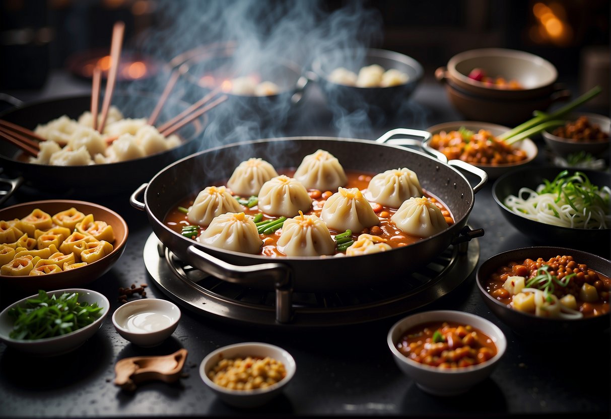A table set with steaming plates of dumplings, stir-fried noodles, and spicy mapo tofu. A wok sizzles on the stove, filling the kitchen with mouthwatering aromas