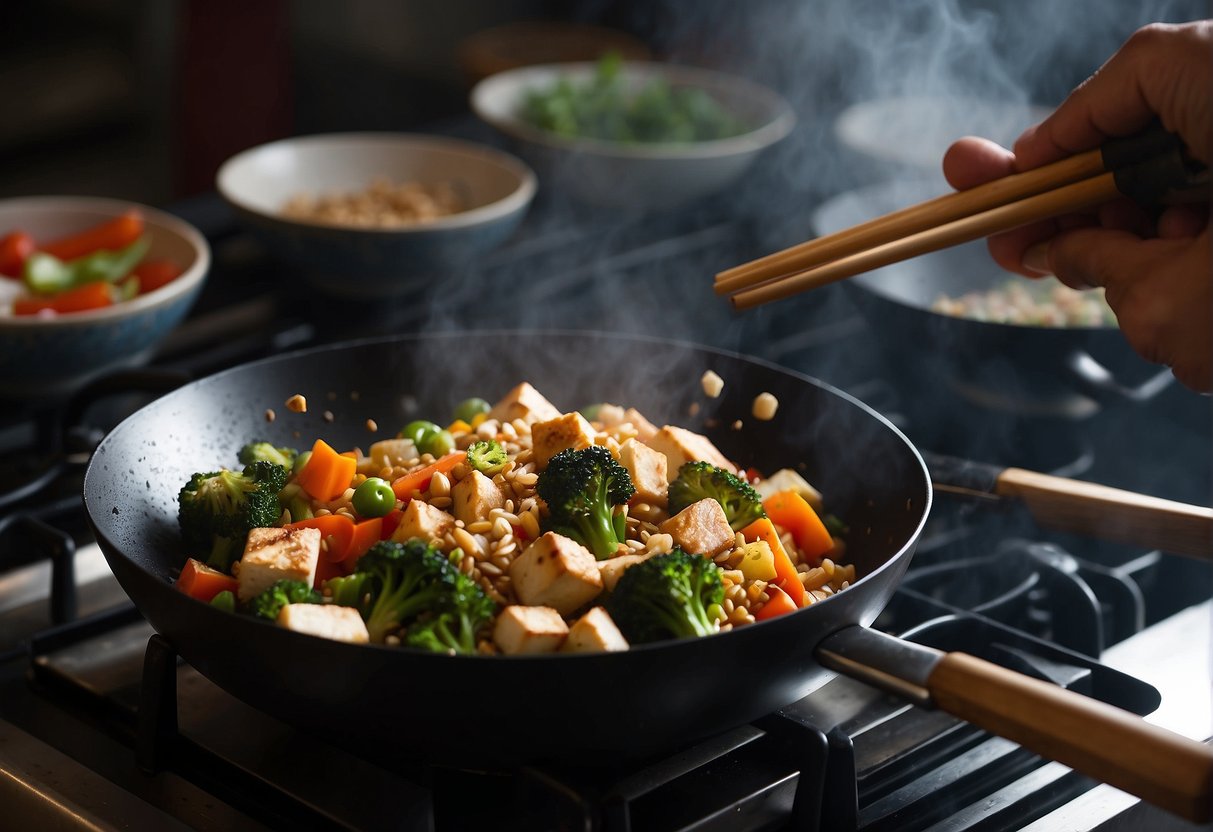A wok sizzles with stir-fried vegetables and tofu. Steam rises as a chef adds soy sauce and spices. A plate of fried rice sits nearby