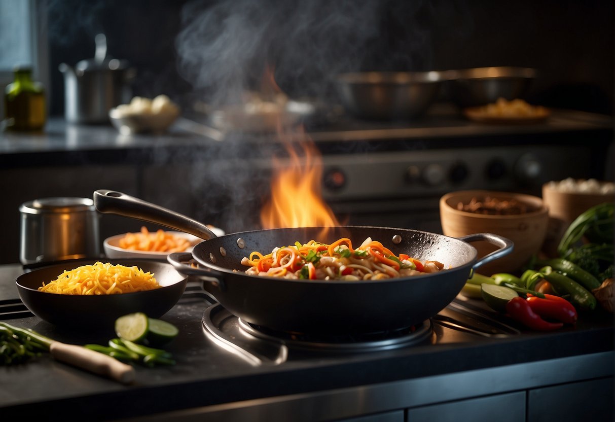 A wok sizzles over a gas flame. Ingredients like ginger, garlic, and soy sauce sit ready nearby. A chef's knife and cutting board are prepped for slicing and dicing