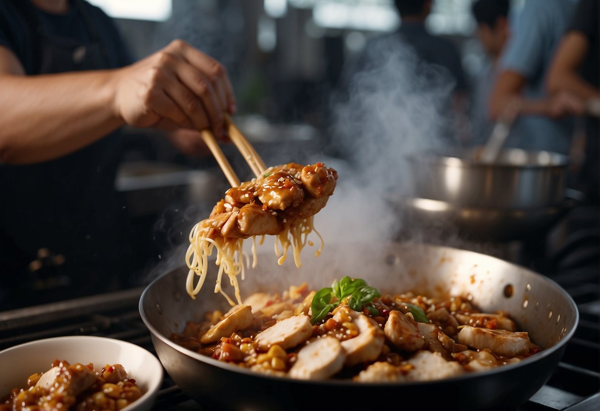 A sizzling wok tosses marinated boneless chicken, ginger, garlic, and soy sauce, creating an aromatic cloud in a bustling Chinese kitchen