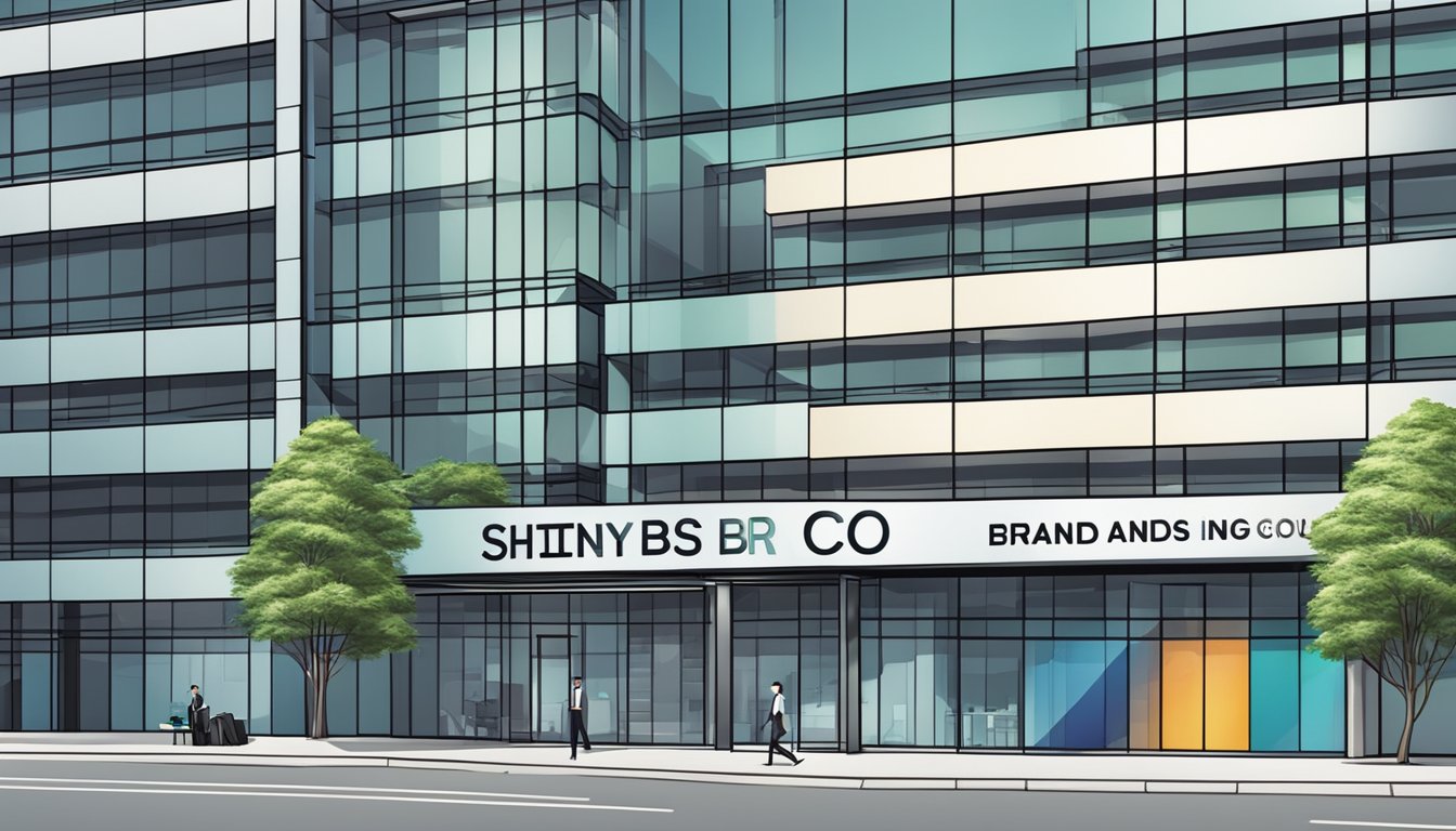 A modern office building with a sleek and shiny sign reading "shiny brands group co ltd" in bold lettering