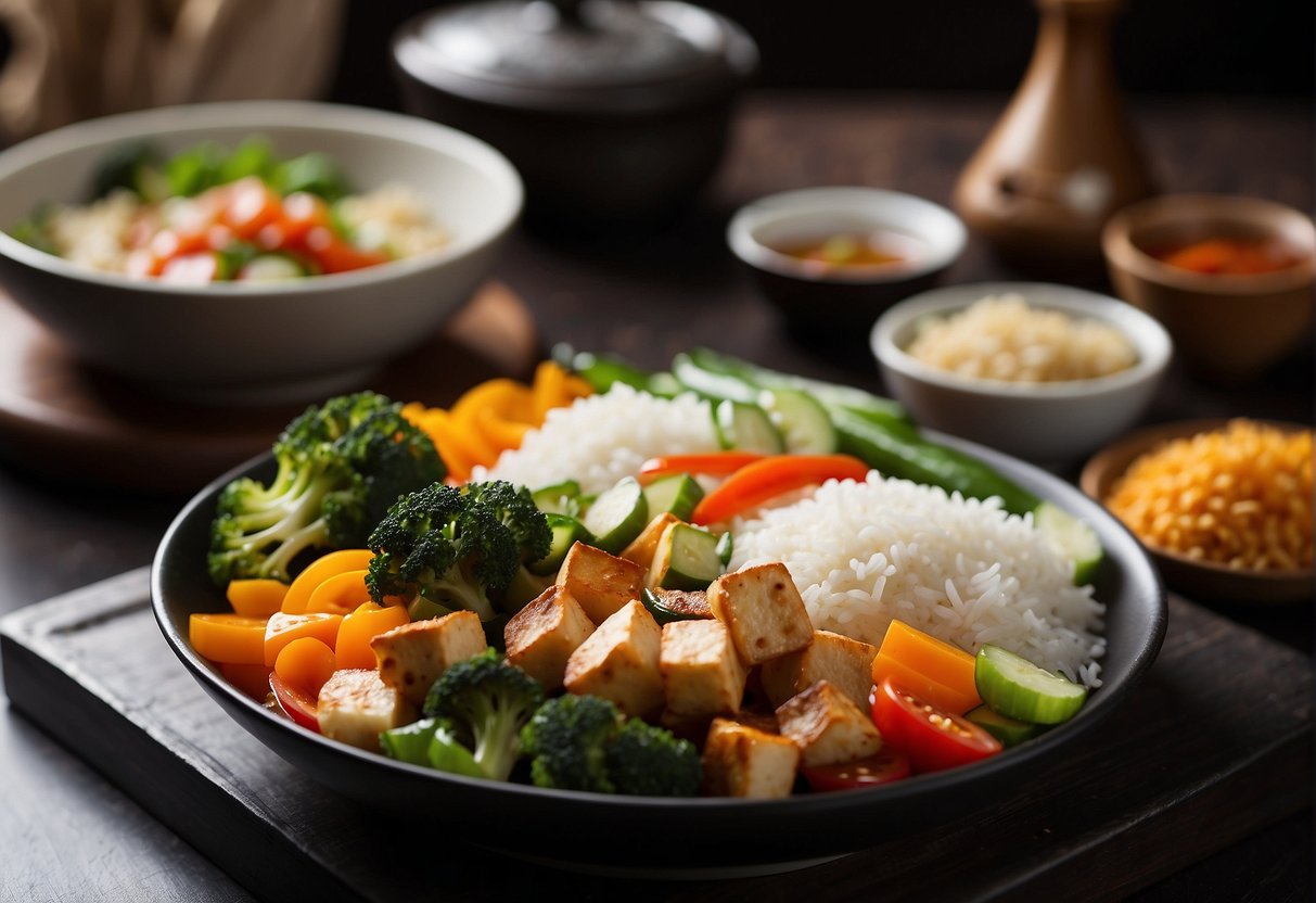 A table set with colorful vegetables, tofu, and rice. A wok sizzling with stir-fried ingredients. A smiling chef presenting a plate of healthy Chinese cuisine