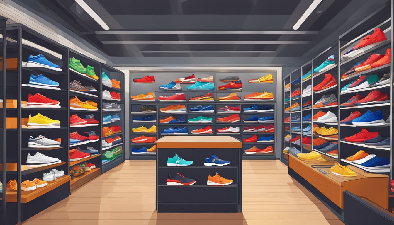 Athletic shoes, jerseys, and equipment fill shelves in a bustling Chinese sports store. Brand logos and vibrant colors catch the eye