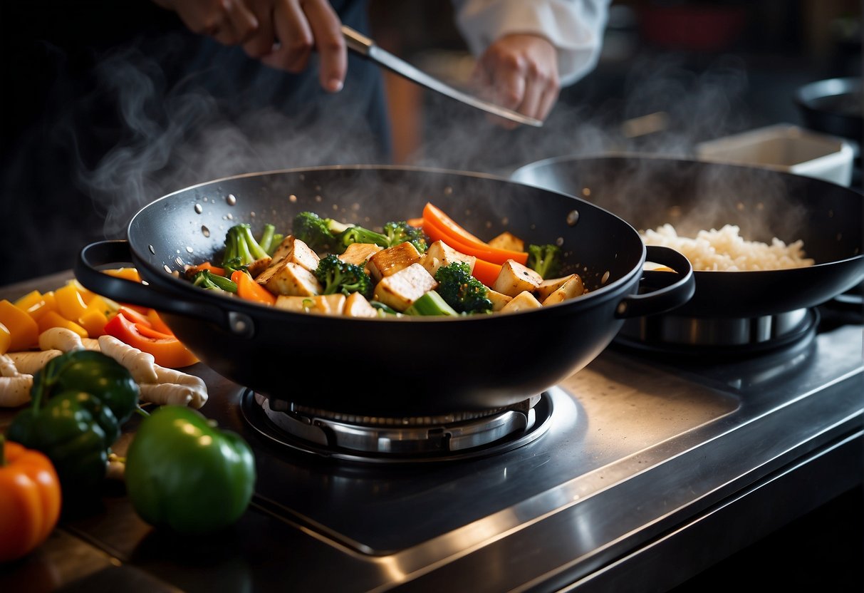 A wok sizzles with stir-fried veggies and tofu. Steam rises from a pot of fragrant rice. A chef's knife chops fresh ginger and garlic. Soy sauce and sesame oil sit on the counter