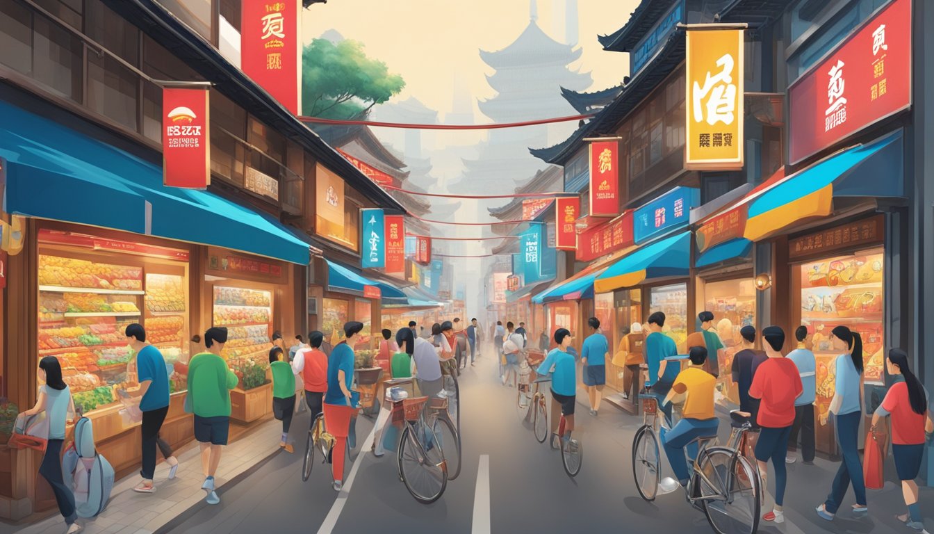 A bustling street in China with colorful storefronts displaying logos of major sports brands