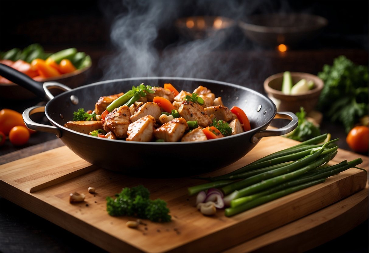 A wok sizzles with marinated chicken, soy sauce, garlic, ginger, and vegetables. A chef's knife and cutting board sit nearby
