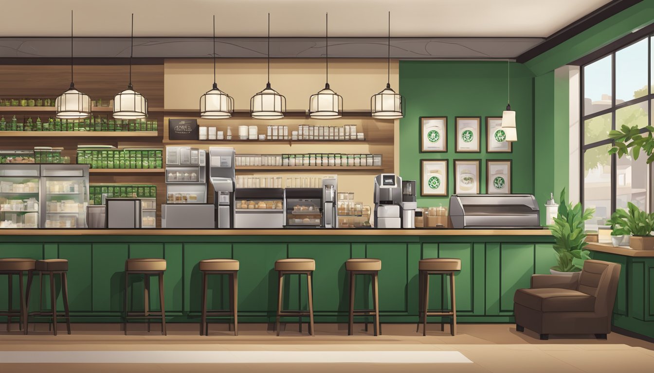 A Starbucks store with green logo, coffee cups, and cozy seating