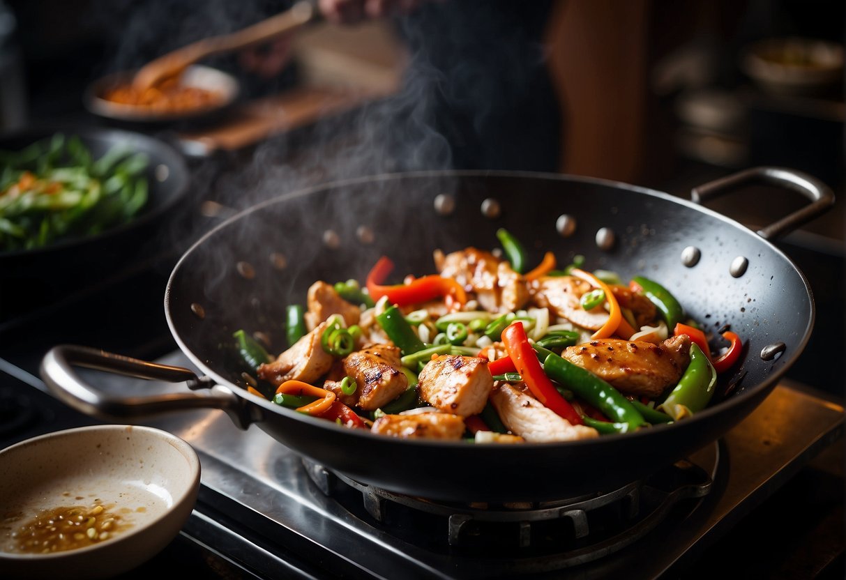 A wok sizzles as chicken is stir-fried with ginger, garlic, and soy sauce. A cleaver chops scallions and peppers nearby
