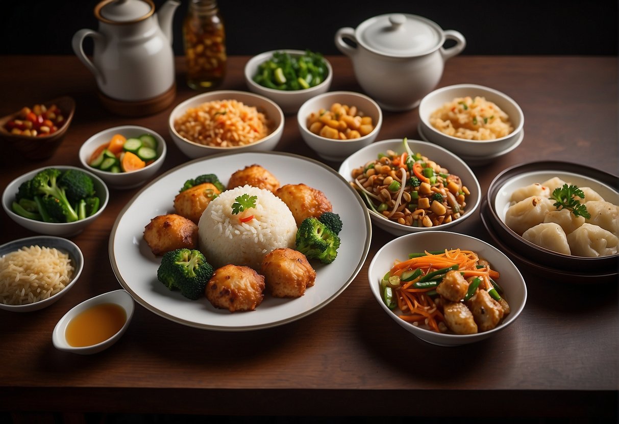 A table set with various Chinese dinner dishes, including stir-fried vegetables, fried rice, and dumplings. A chef's hat and apron are hung nearby