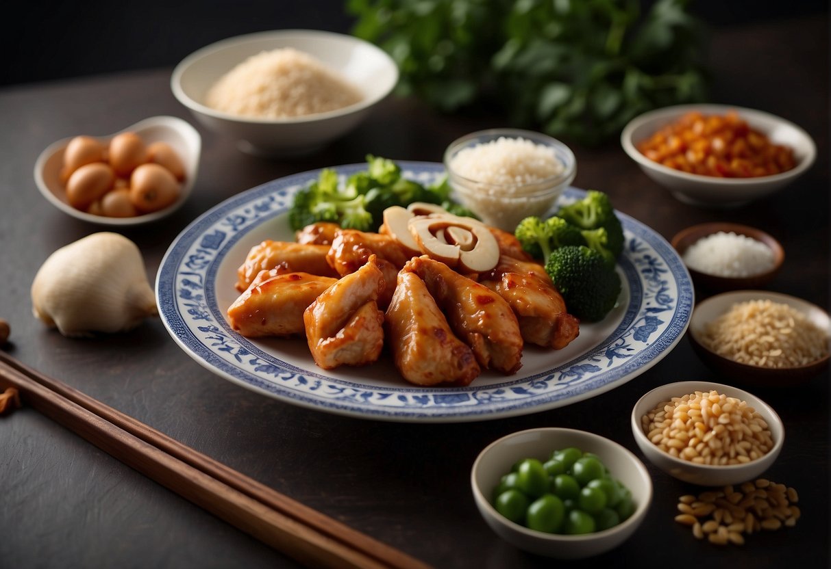 A table with a plate of Chinese boneless chicken, surrounded by various ingredients and a nutrition label