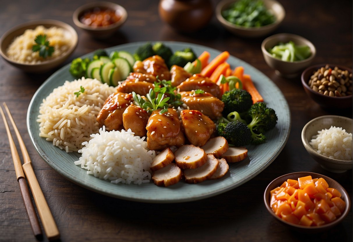 A plate of Chinese boneless chicken with various sauces and garnishes, surrounded by rice and steamed vegetables