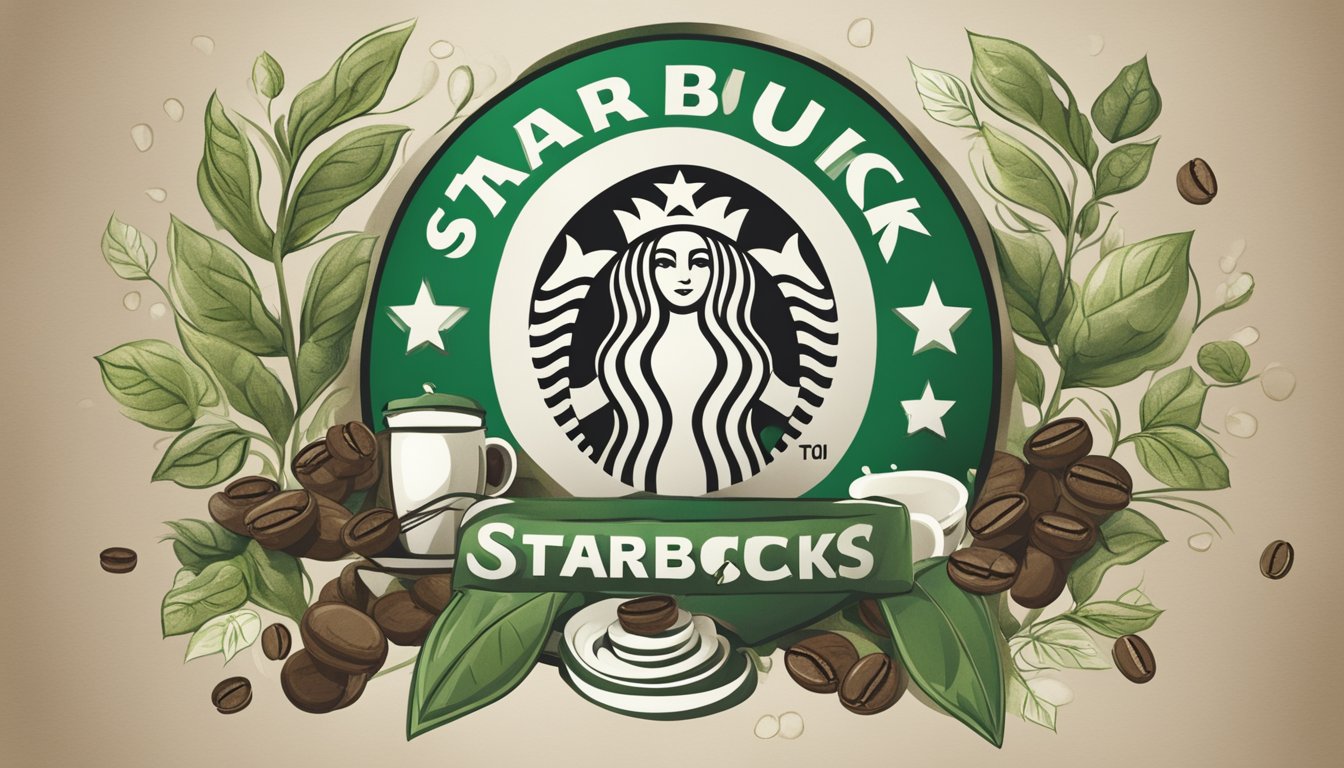 A modern Starbucks logo evolves from a vintage design, with a green and white color scheme, surrounded by coffee beans and a steaming cup