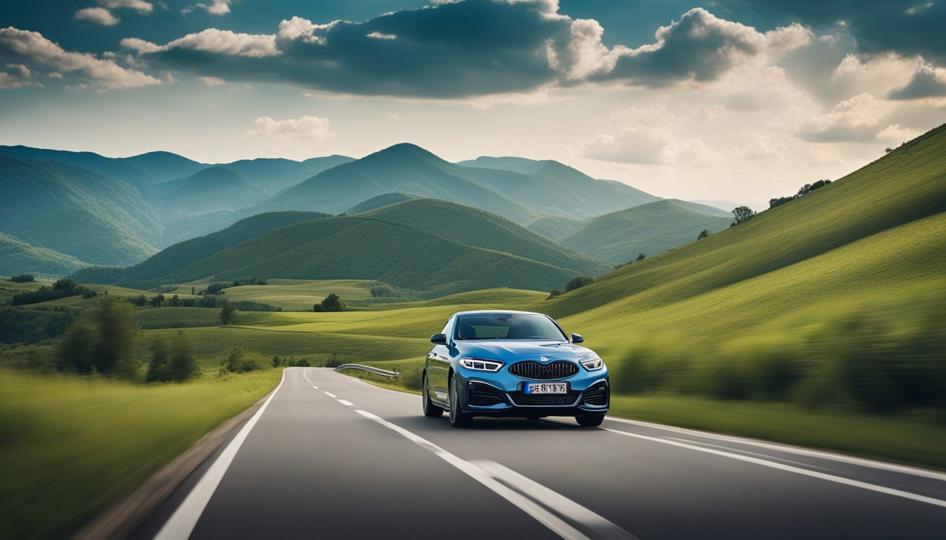 A car driving smoothly on a road with Kumho tires, surrounded by a picturesque landscape