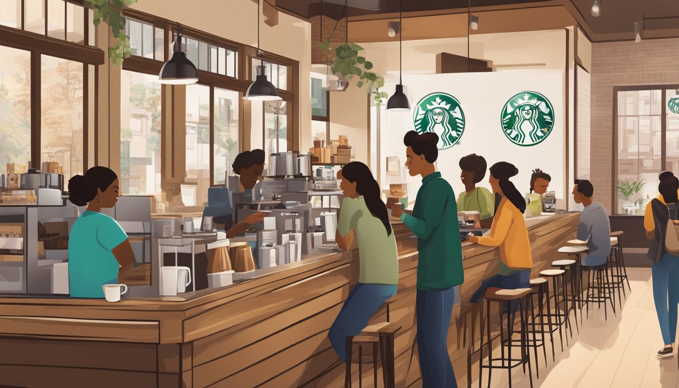 Customers enjoy a cozy atmosphere, sipping coffee and chatting. The Starbucks logo is prominently displayed, and the baristas are busy serving drinks