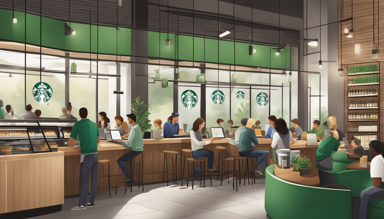 A busy Starbucks store with a modern and inviting atmosphere, featuring the iconic green and white logo prominently displayed. Customers enjoy their drinks while chatting or working on laptops