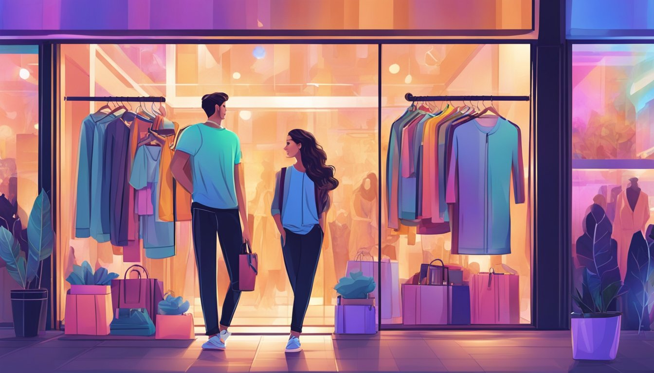 Vibrant storefronts display trendy clothing. Shoppers eagerly explore racks of stylish garments. Bright lights illuminate the bustling scene