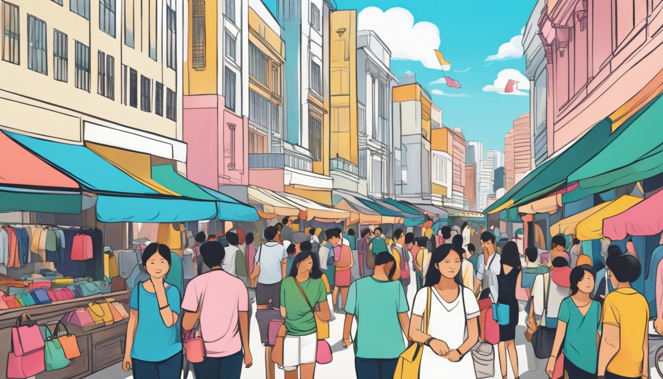 A bustling market street in Singapore, lined with colorful stalls and shops selling a variety of stylish bags. Customers browse the selection, while vendors eagerly showcase their latest designs