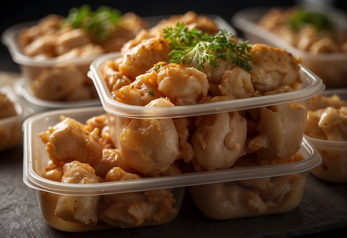 Leftover Chinese boneless chicken is stored in airtight containers. It is then reheated in a microwave or on a stovetop