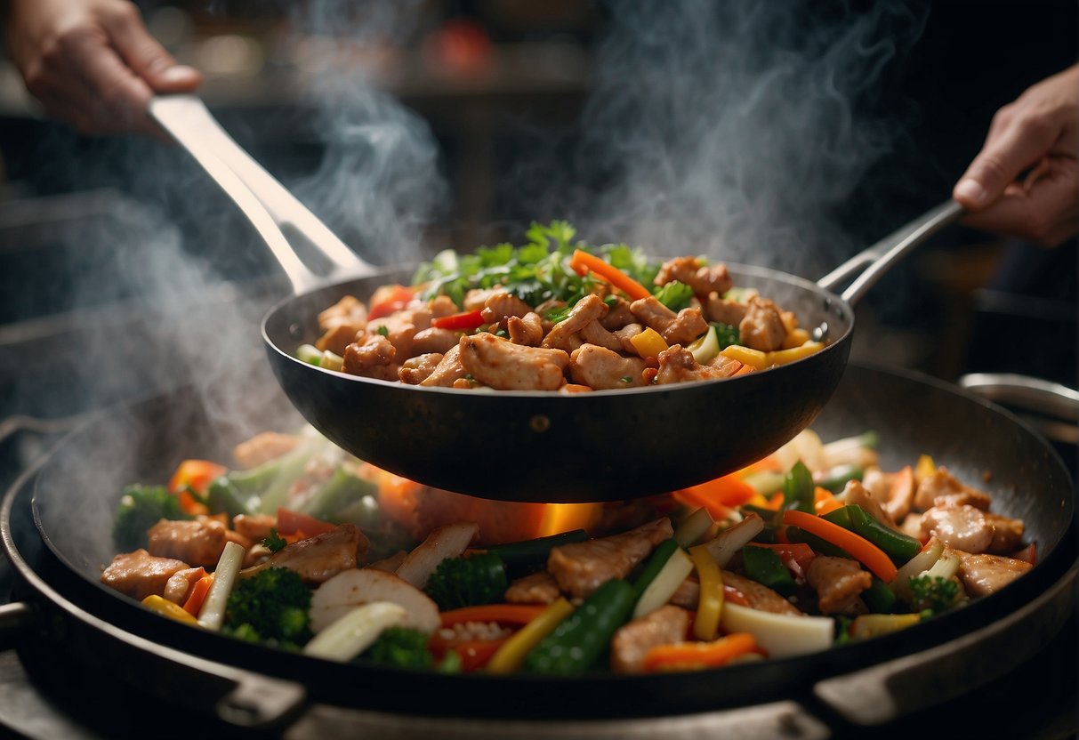 A sizzling wok filled with diced chicken, vibrant vegetables, and aromatic spices. Steam rises as a chef expertly tosses the ingredients, creating a tantalizing Chinese chicken dish