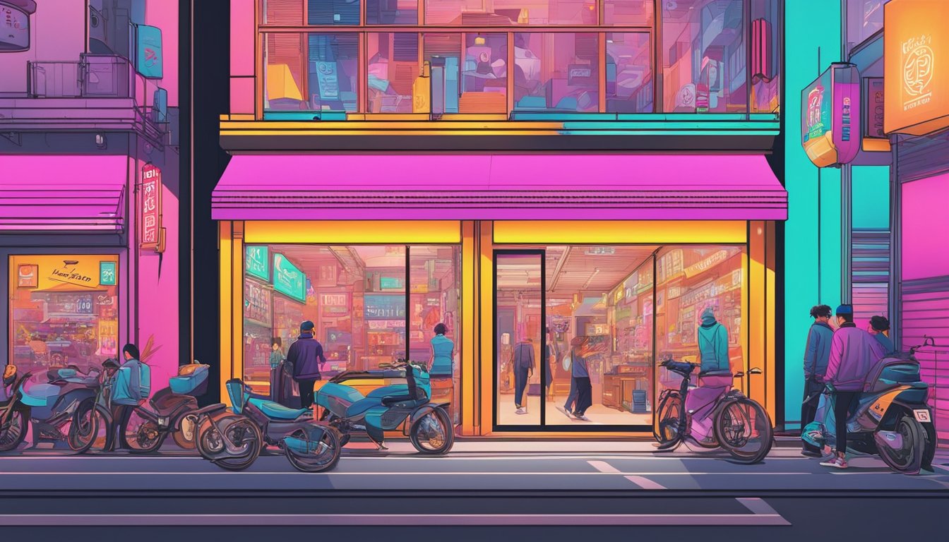 Vibrant storefronts display Korean streetwear brands in a bustling urban setting. Neon signs and bold graphics catch the eye