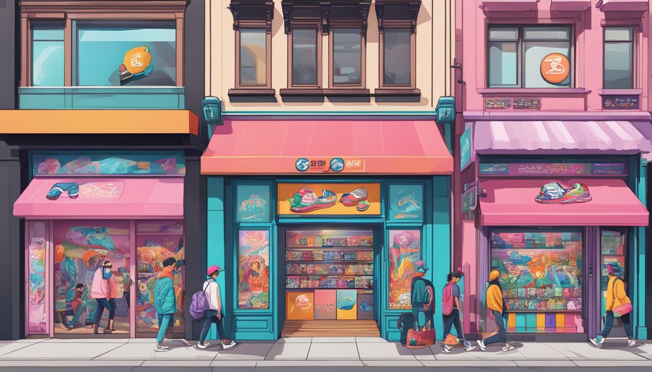 Vibrant Korean streetwear logos and designs on storefronts and billboards in a bustling urban setting