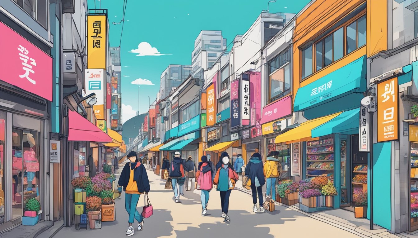 A bustling street in Seoul, lined with trendy boutiques and fashion-forward youth. Bold, graphic logos and vibrant colors dominate the storefronts, showcasing the influence of streetwear on South Korean fashion