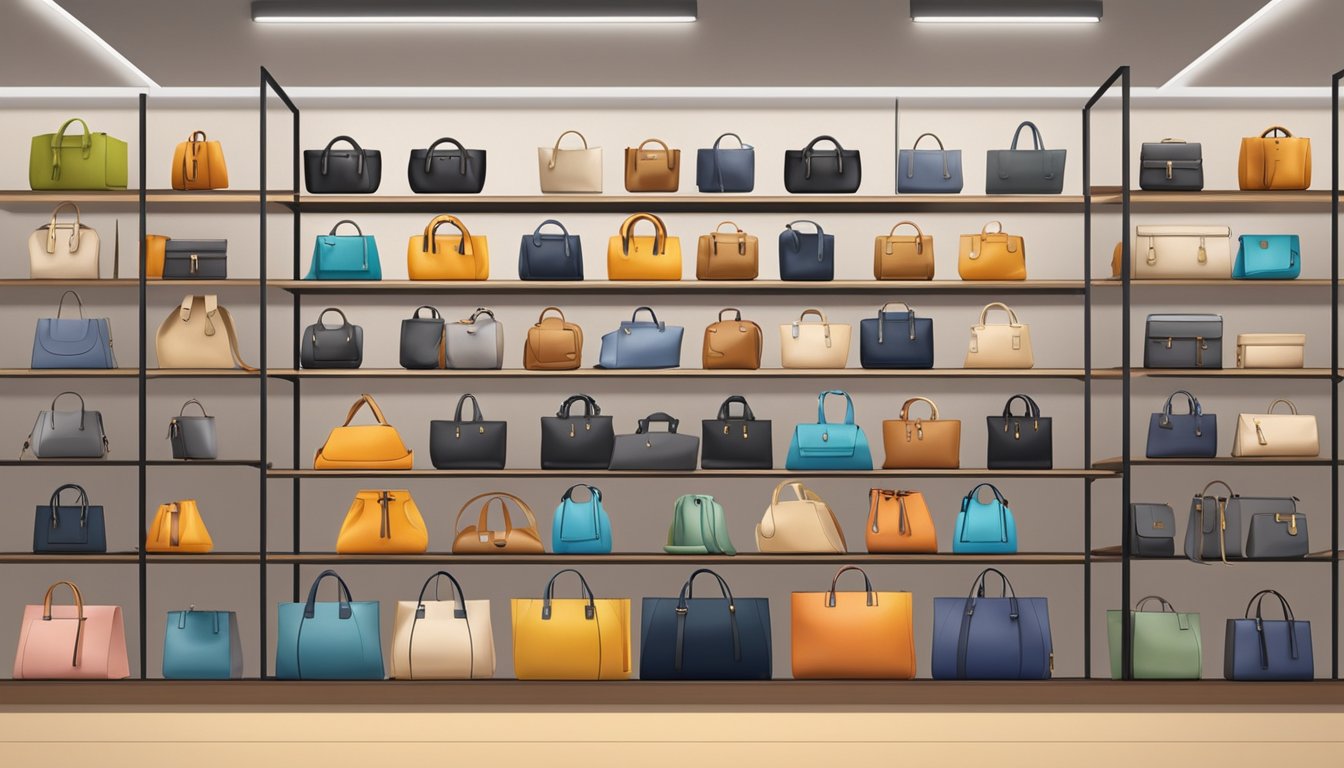 A display of bags in various sizes and styles, arranged neatly on shelves in a modern boutique in Singapore