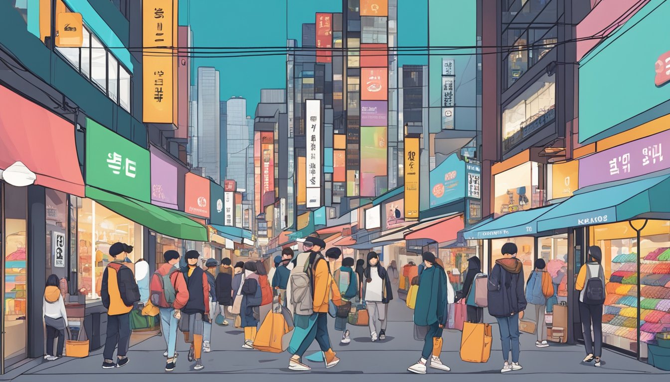 A bustling street in Seoul, lined with trendy shops and colorful storefronts, showcasing the latest and most popular streetwear brands in Korea