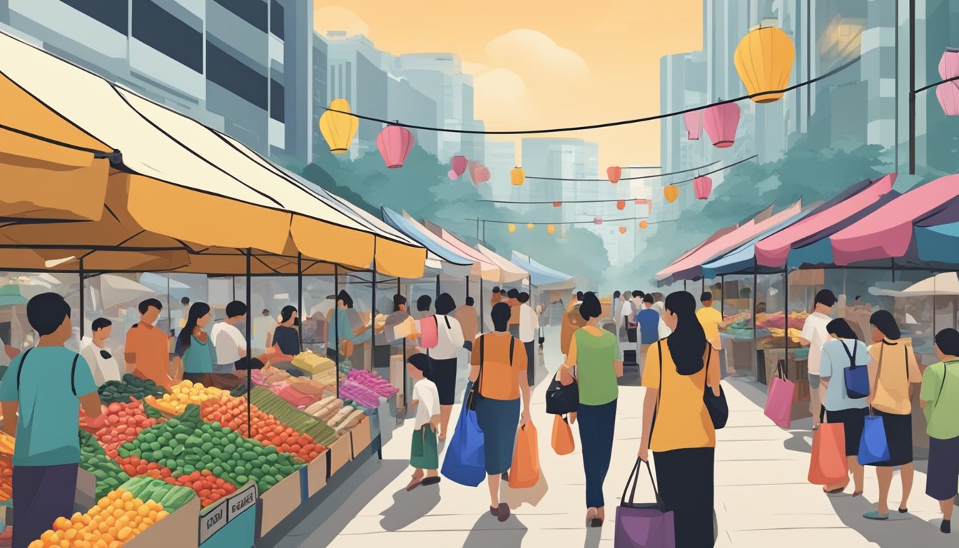A bustling street market in Singapore with colorful displays of bags and signs advertising "Frequently Asked Questions: Where to buy bags in Singapore."